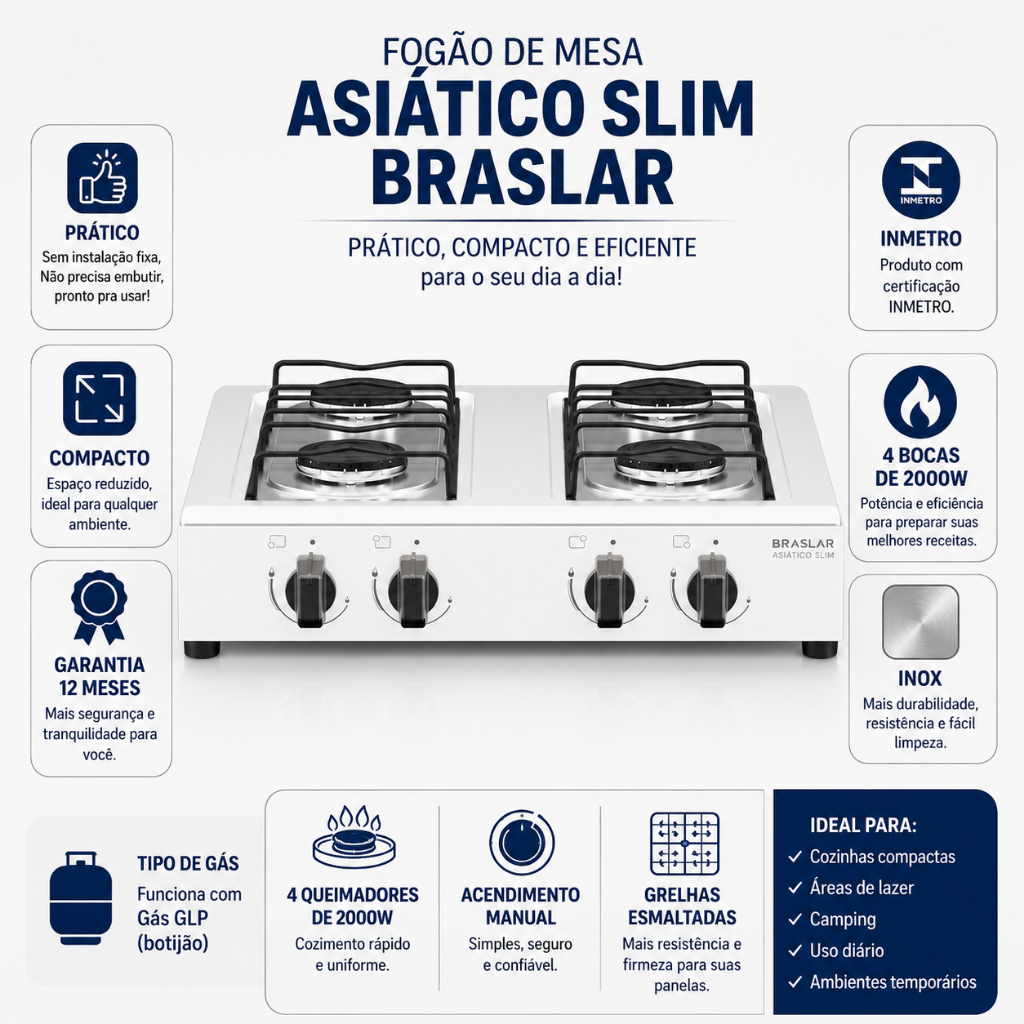 Fogão Cooktop de Mesa Portátil 4 Bocas a Gás Asiático Braslar Inox Preto ou Branco · foto 2