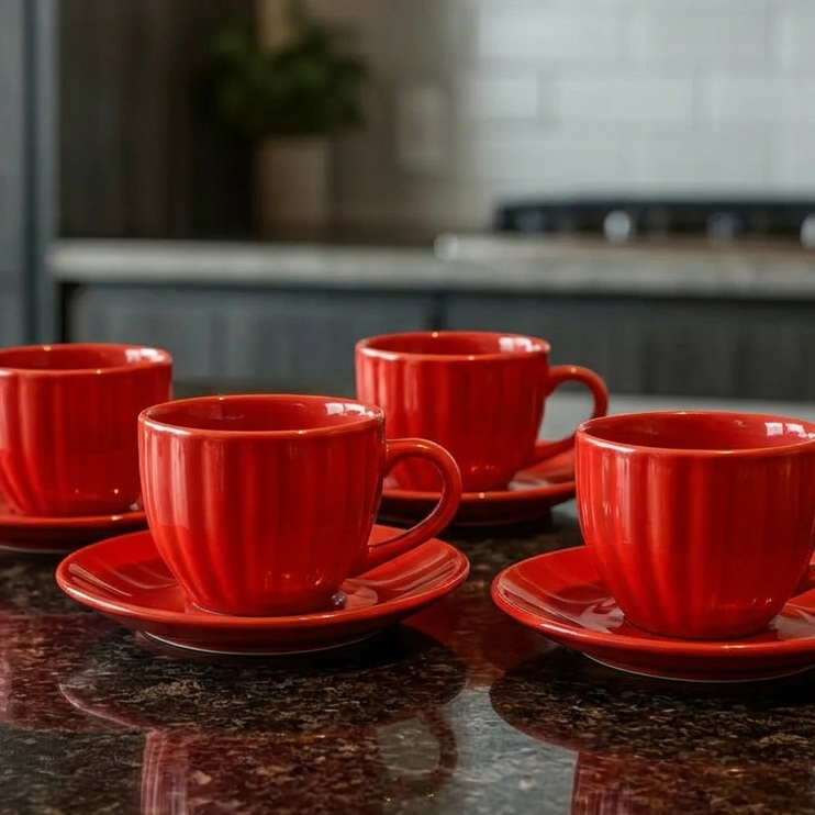 Jogo 4 Xícaras Com Pires De Cerâmica Para Chá Vermelho 150ml Bella Hauskraft 