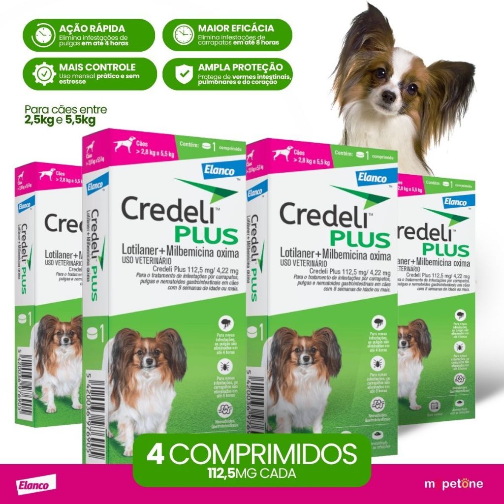 Kit 4 Credeli Plus Elanco para Cães de 2,8 a 5,5kg - 1 Comprimido
