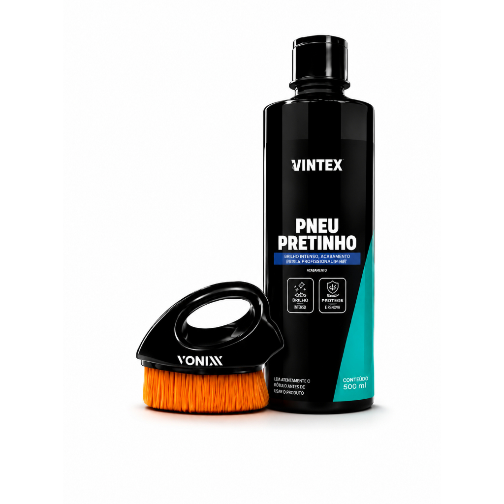 Pneu Pretinho Automotivo Brilho Intenso Vintex Vonixx 500ml + Escova Aplicadora De Pretinho Lingua De Gato 6x7cm Vonixx