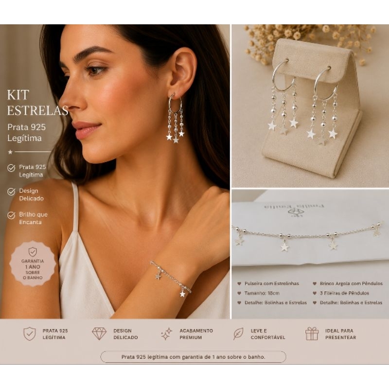 Conjunto Prata 925 Feminino Pulseira Estrelas e Bolinhas + Brinco Argola com 3 Estrelas Penduradas