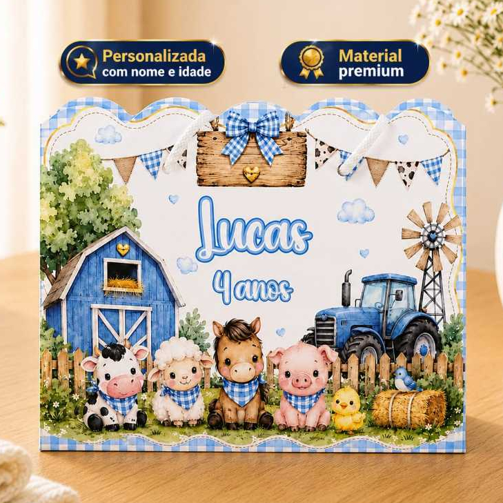 Sacolinha Personalizada Fazendinha Menino com Nome e Idade | Lembrancinha de Aniversário