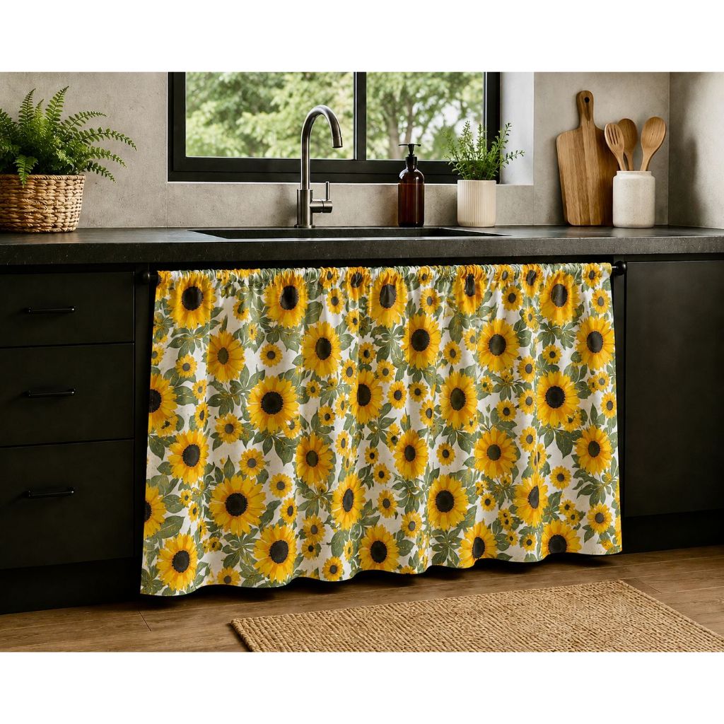 Cortina de Pia Cozinha Estampado Tecido Oxford Uma Parte Só 1,40m x 0,80cm com Ilhós