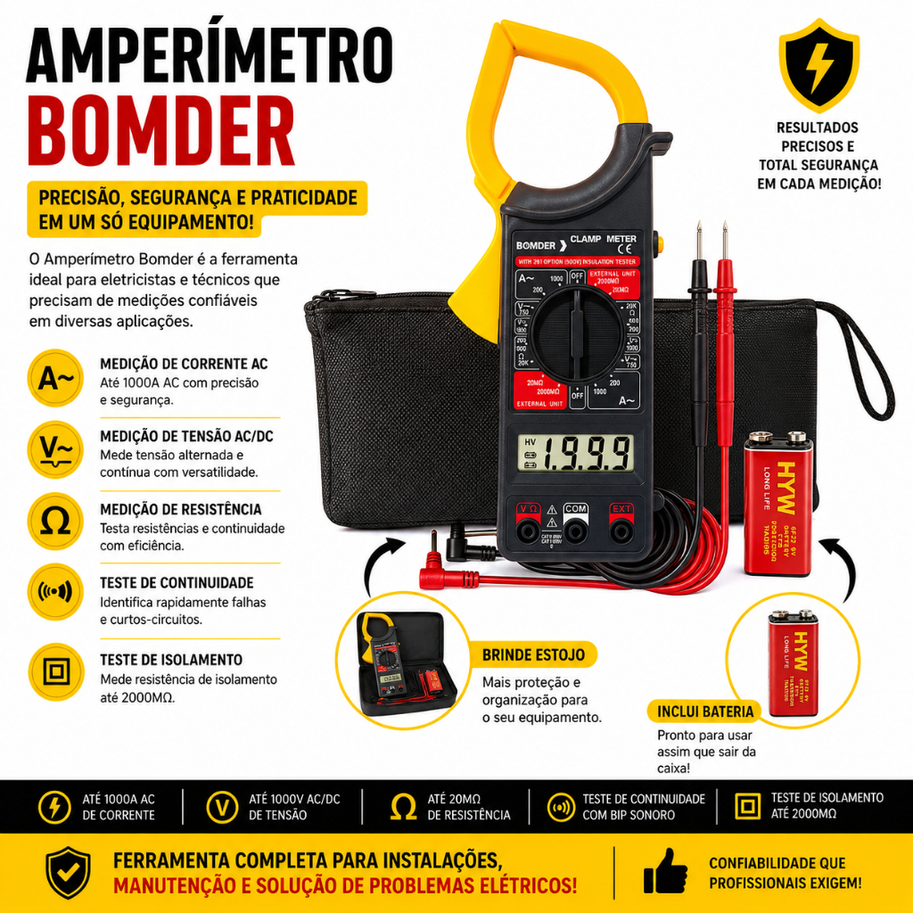 Alicate Amperímetro Digital Portátil Voltímetro Eletricista Profissional Bateria Estojo Ponta Prova