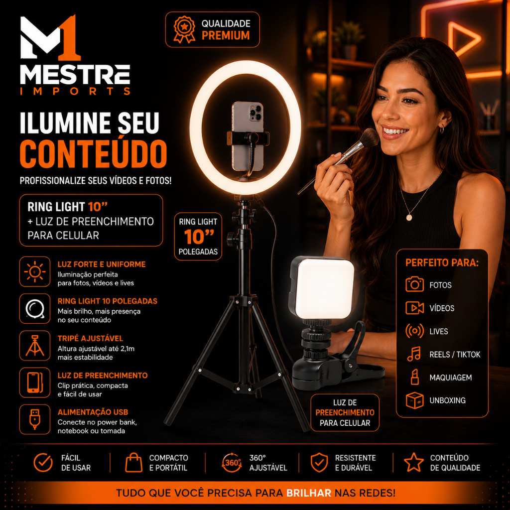 Ring Light 10 Pol LED com Tripé 2,10m Suporte Celular Iluminação para Vídeo Foto Maquiagem,