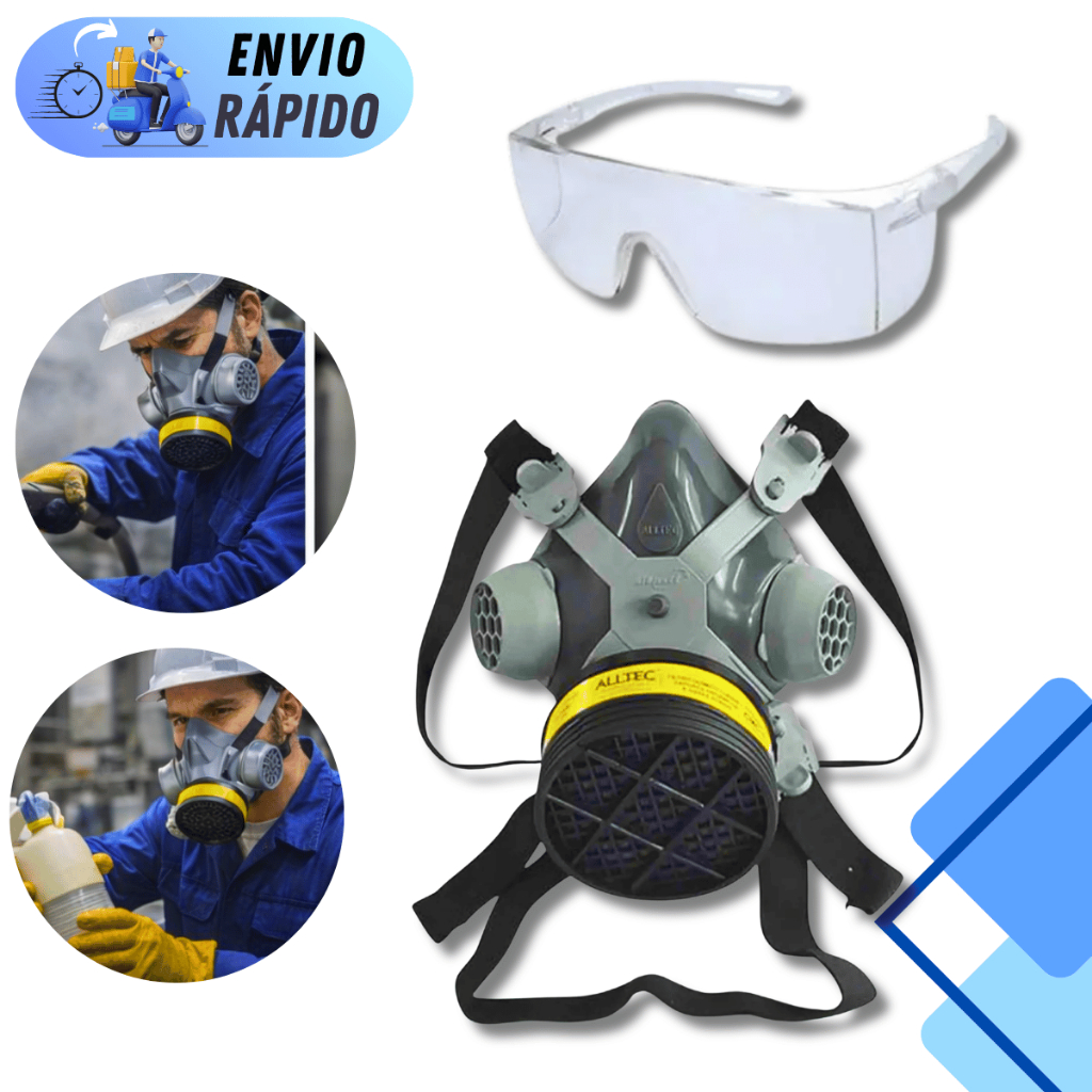 KIT RESPIRADOR ALLTEC 2001 COM FILTRO VO+GA E OCULOS DE PROTEÇÃO INCOLOR CARTUCHO PINTURA RESINA CA