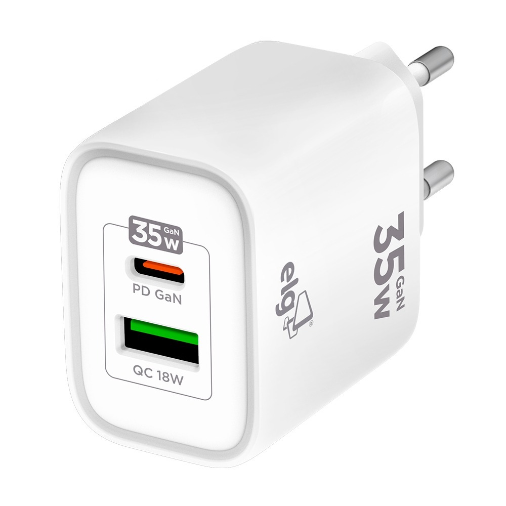 Carregador de Parede USB, 2 Portas, Tipo-C Power Delivery + USB-A QC 3.0, 30W, Branco, W35GAN, ELG