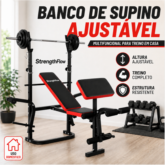 Banco de Supino Ajustável StrengthFlow, Estação de Musculação Dobrável para Treino em Casa