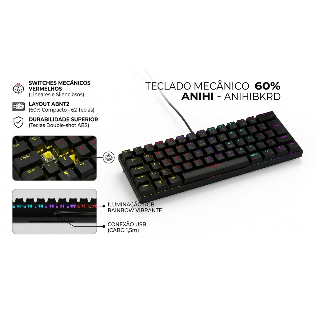 Teclado Mecânico Gamer 60% Vinik Anihi Black - Switch Red, LED Rainbow e Layout ABNT2
