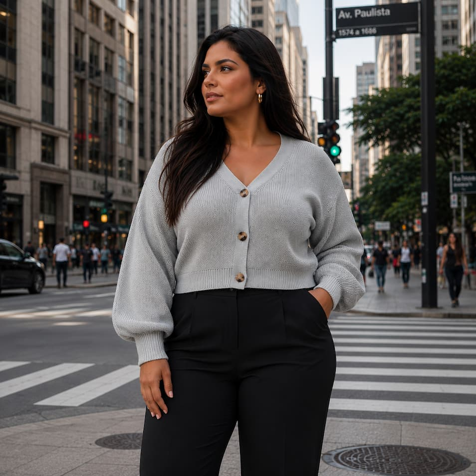 Casaco Feminino Tricô Modal Botões Manga Bufante Gola V Casaco Curto Elegante