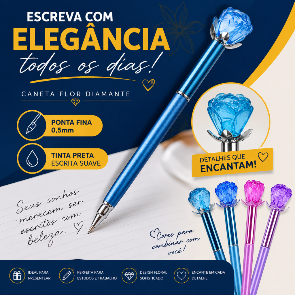 Caneta Esferográfica Fofa Floral Ponta Fina Tinta Preta Kawaii Papelaria Criativa Presente Escolar
