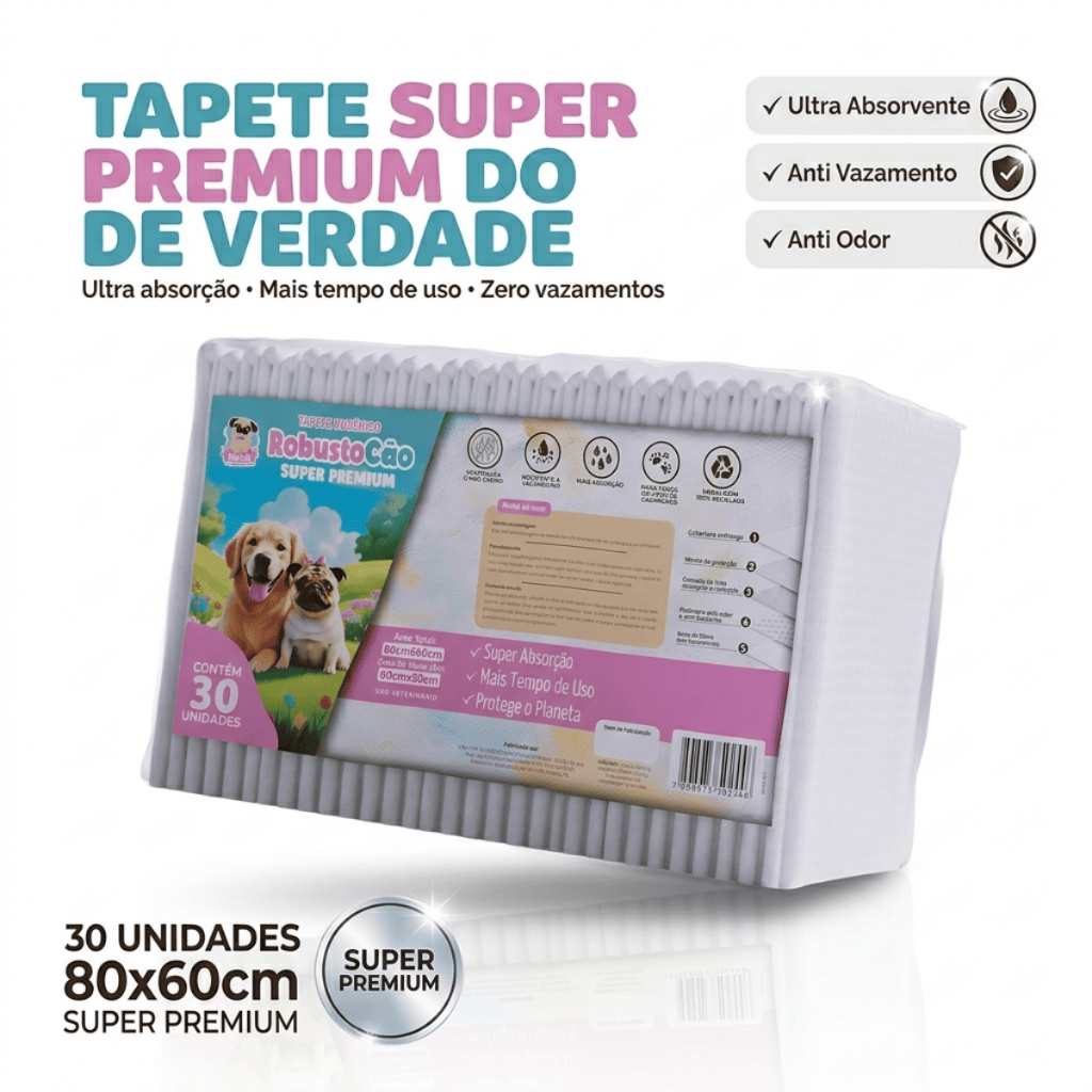 Tapete Higiênico para Cachorro RobustoCão Super Premium Grande 80x60 30 Unidades