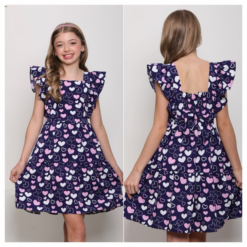 VESTIDO CURTO MENINA INFANTIL ESTAMPADO REGATA BABADO LAÇO CORAÇÃO BELLA