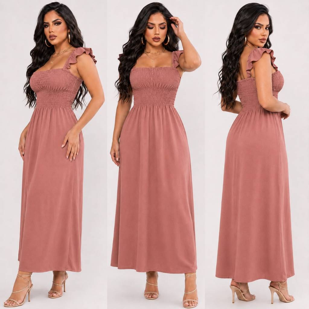 Vestido Longo Liso com Alças Babado Dunas  e Lastex  na Cintura Elegante Festa Trabalho Moda Tendência