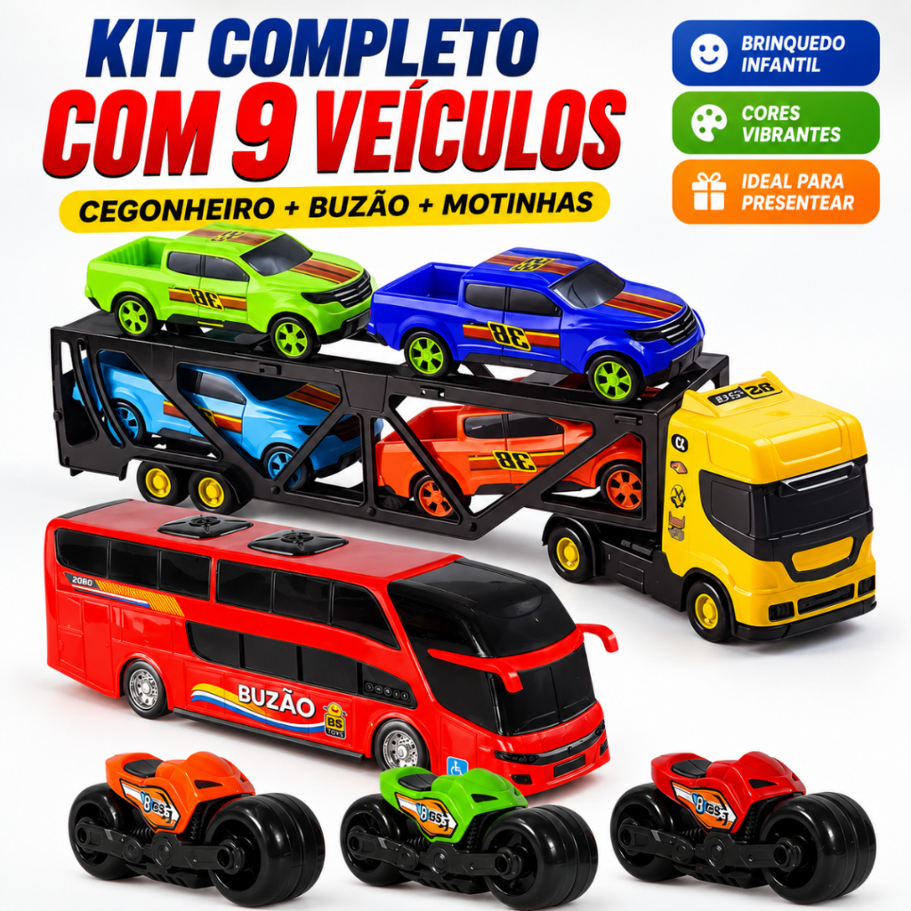 Kit Caminhão Cegonheiro Carrinhos Motinhas Ônibus Miniatura Brinquedos Infantil Presente Meninos