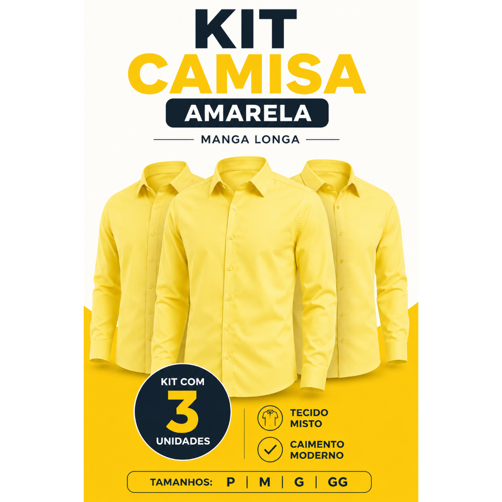 Kit Camisa Social Masculina Slim Lisa Amarela Manga Longa Uniforme Fardamento E Congresso Do P Ao GG