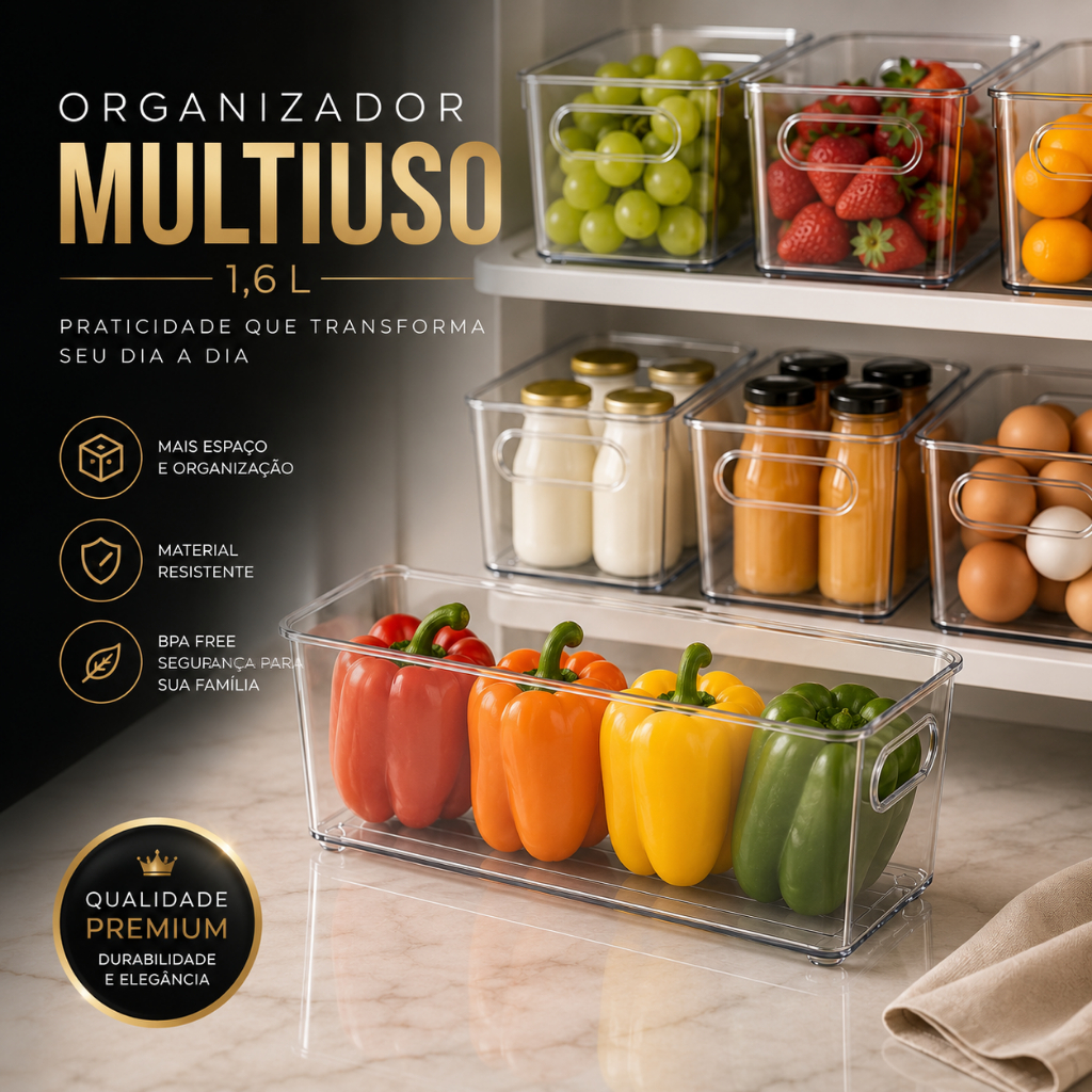 Organizador Multiuso 1,6L Transparente Geladeira Armario Gaveta Cozinha Despensa 10X20 CM Plasutil