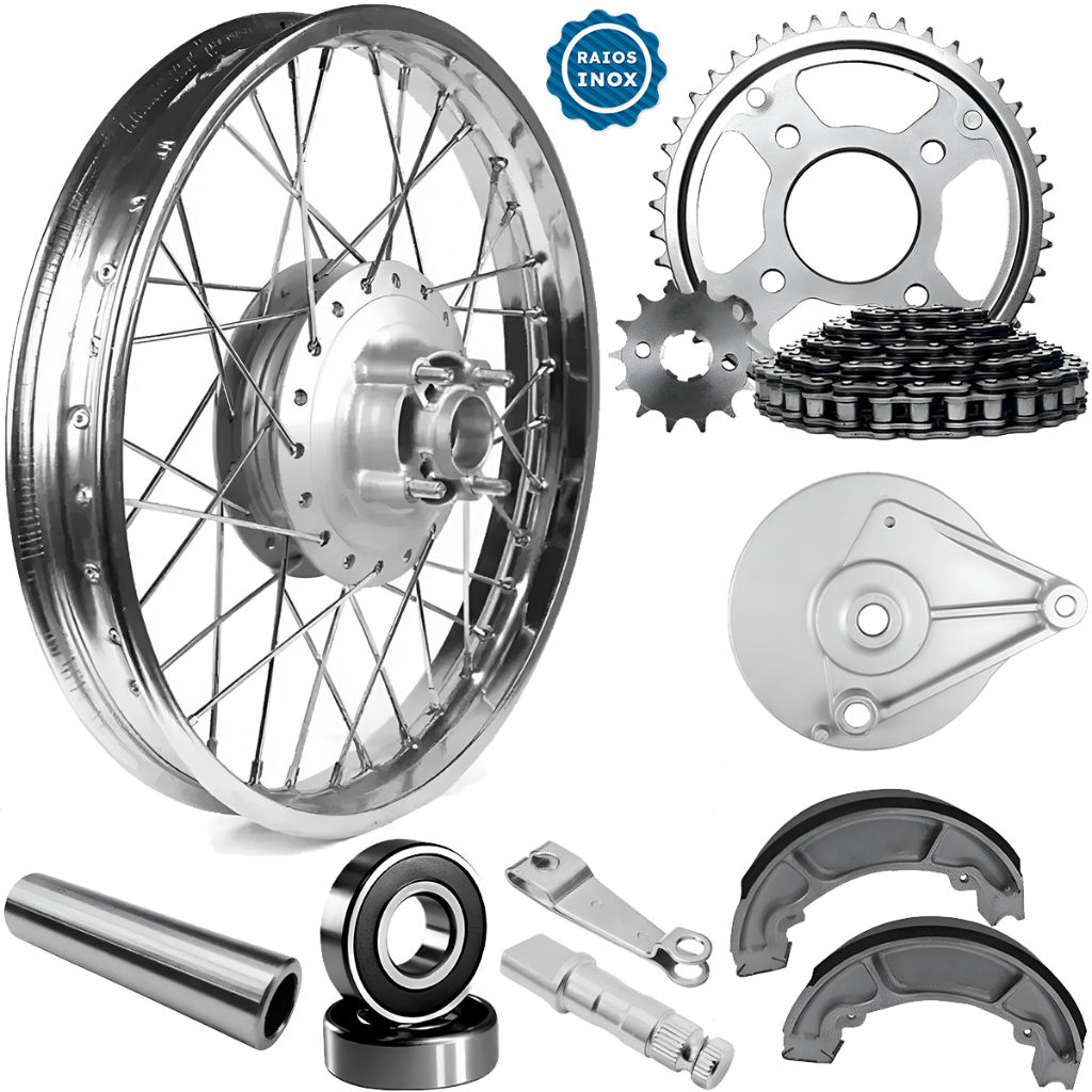Roda Aro Calha Folha Jante Traseira Cg Fan 125 09/18 Raios Inox Com Espelhos Relação Lonas Rolamento Braço Eixo Patim