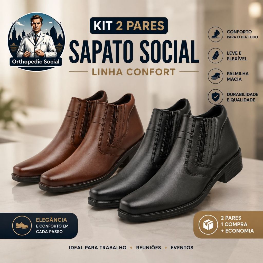 Kit 2 Pares Botina Masculina Social Zíper Lateral Conforto e Durabilidade Preço de Fábrica