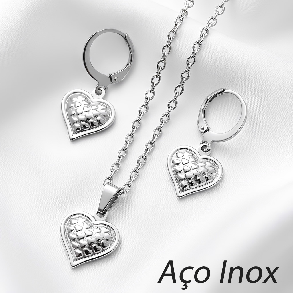 INOX - Conjunto Feminino Aço Inox Colar E Brincos Coração Antialérgico 45 cm - Fecho Lagosta