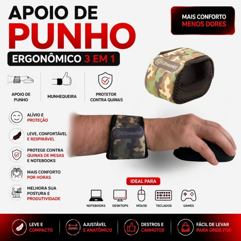 Apoio de Punho Munhequeira Pulso  Ajustável Portátil Home Office Escritório Teclado e Mouse
