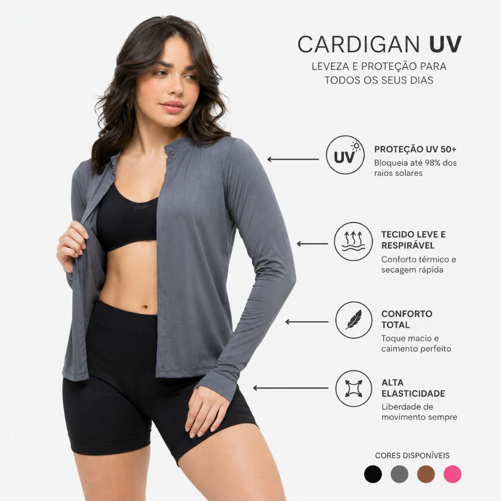 Cardigan Feminino UV50+ Casaquinho Proteção Solar Academia Caminhada Praia Fitness