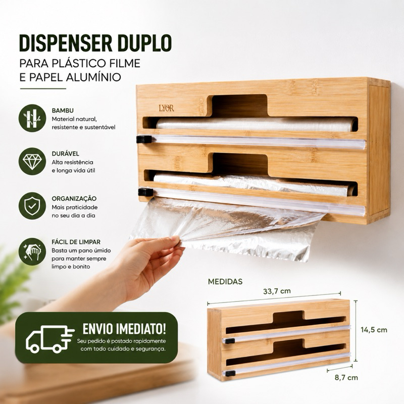 Suporte Rolo de Papel e Pvc Parede 2 em 1 para Papel Alumínio e Plástico Filme em Bambu Lyor