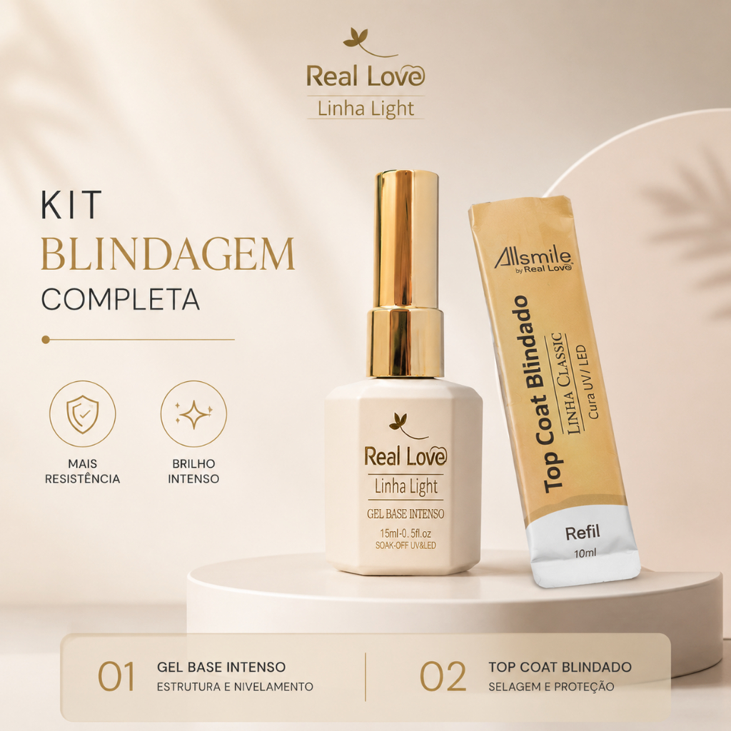 Kit Blindagem Real Love Gel Base Intenso 15mL Top Coat Blindado Unha Em Gel Nail Designer Esmalte