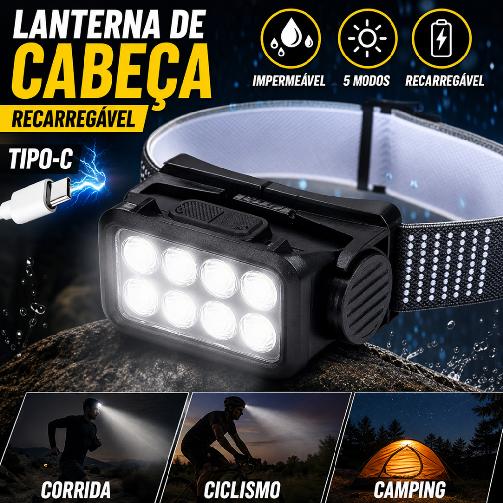 Lanterna de Cabeça Recarregável Tipo-C - Headlamp LED Impermeável com 5 Modos (Corrida, Ciclismo e Camping)