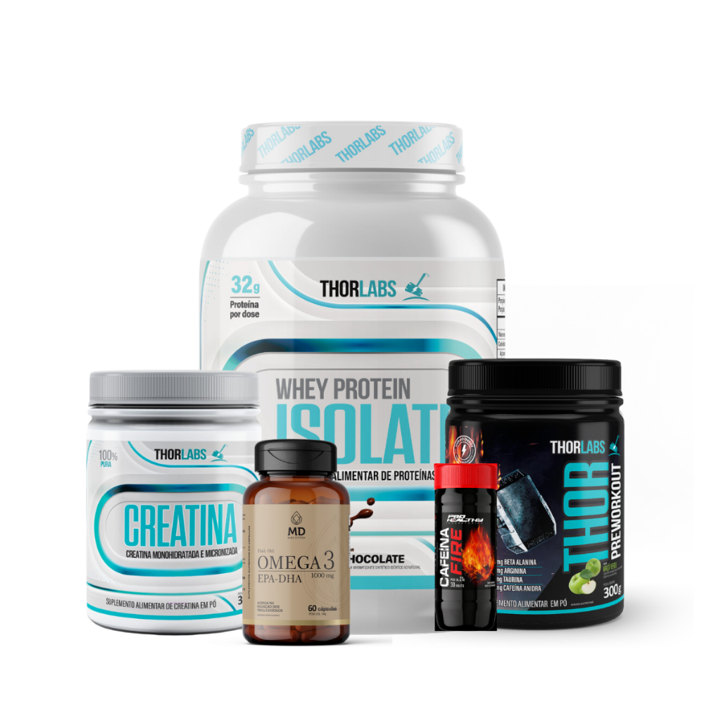 Kit Whey Protein Thor 900g Pote + Pré Treino + Creatina + Termogênico + Ômega Max Detox