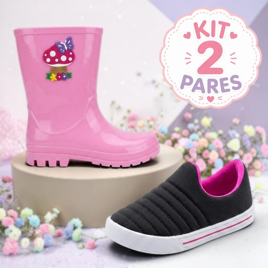 Kit 2 Pares Galocha Cano Alto e Calce Fácil Infantil Menina Leve e Delicado