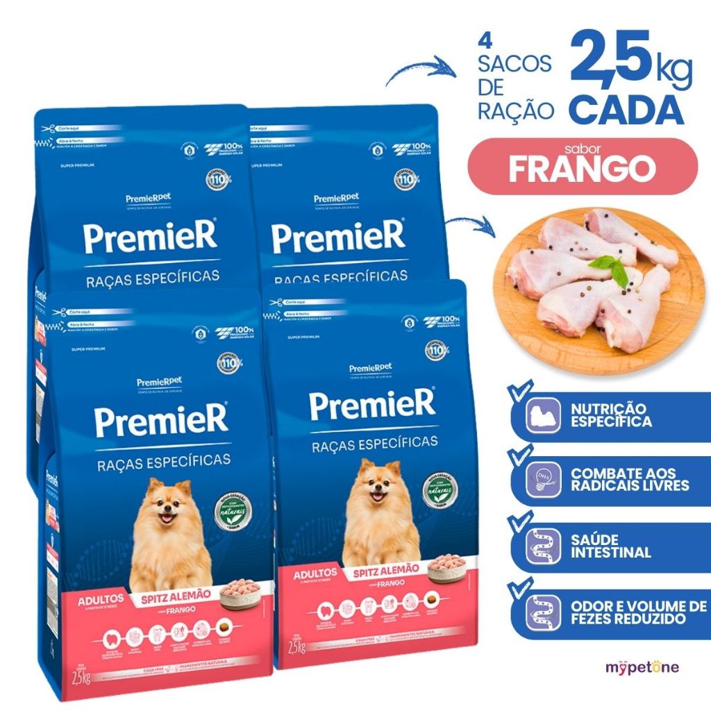 Kit 4 Ração Premier Pet Raças Específicas Cães Adultos Spitz Alemão Sabor Frango - 2,5 Kg