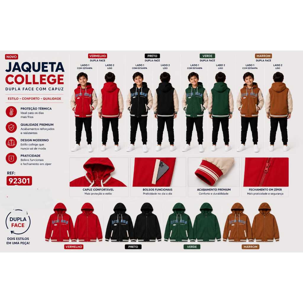 Jaqueta Infantil Masculina Dupla Face Reversível com Capuz College Premium Inverno Menino Ref: 92301