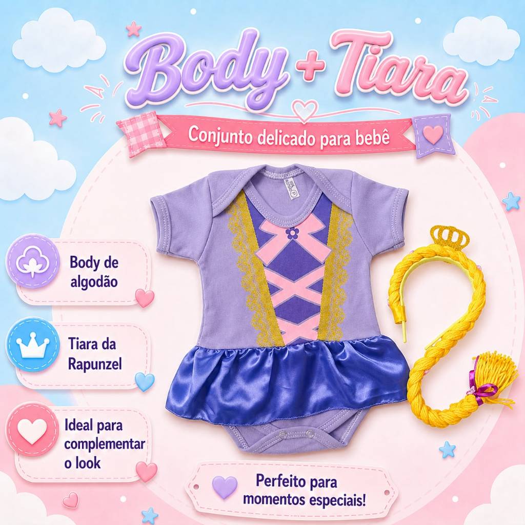 Body + Saia + Tiara Bebê Fantasia Mesversario Menina - Rapunzel