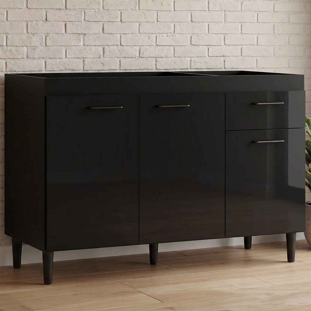 Balcão Gabinete de Pia para Cozinha 120cm 3 Portas Classic P11 Preto - Mpozenato