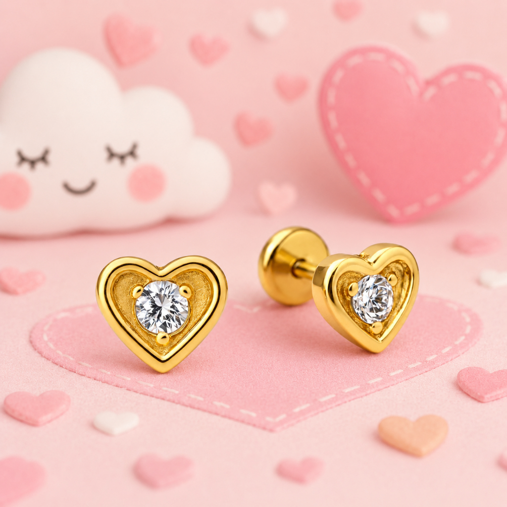 Brinco Infantil Coração Pedrinha Zircônia Folheado a Ouro 18k Menina Hipoalergênico Tarraxa Baby + Caixinha Presente