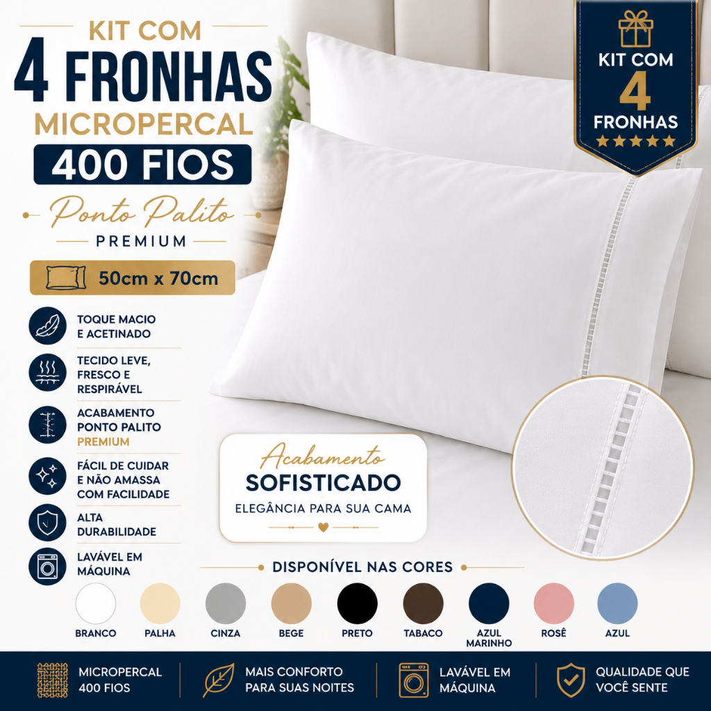 Kit c/ 4 Fronhas 70cm x 50cm 400 Fios Ponto Palito Luxo