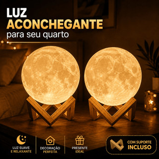 Luminária Lua Cheia 3D LED Abajur Decoração Quarto Sala Presente Sem Fio Suporte Baterias Inclusas