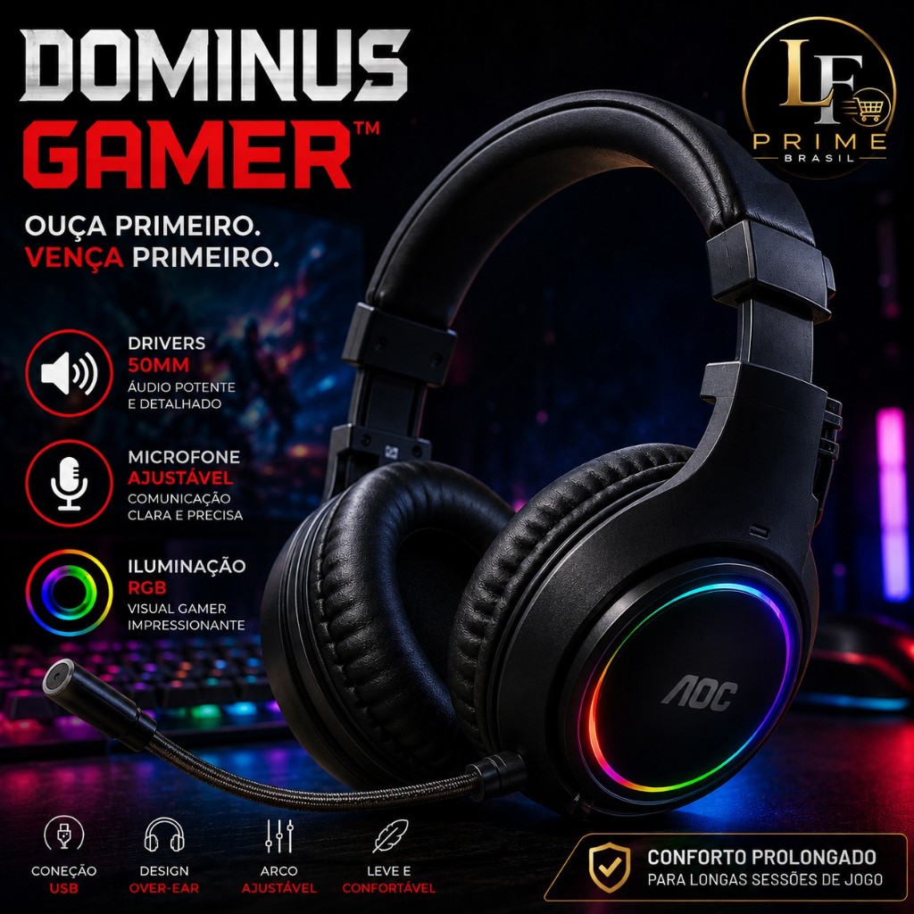 Headset Gamer Iluminação RGB USB Microfone Ajustável Driver 50mm Over Ear Áudio Imersivo Dominus Gamer Preto — R$ 174,45 em Shopee, 38% OFF