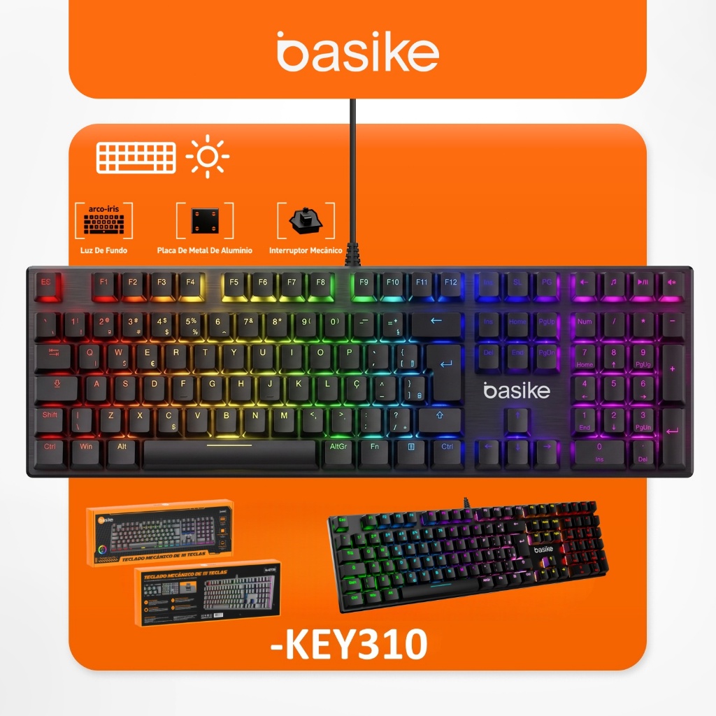 BASIKE Teclado Gamer KEY310 RGB Semi Mecânico Anti-Ghosting Multimídia ABNT2 Retroiluminado USB PC Notebook Console