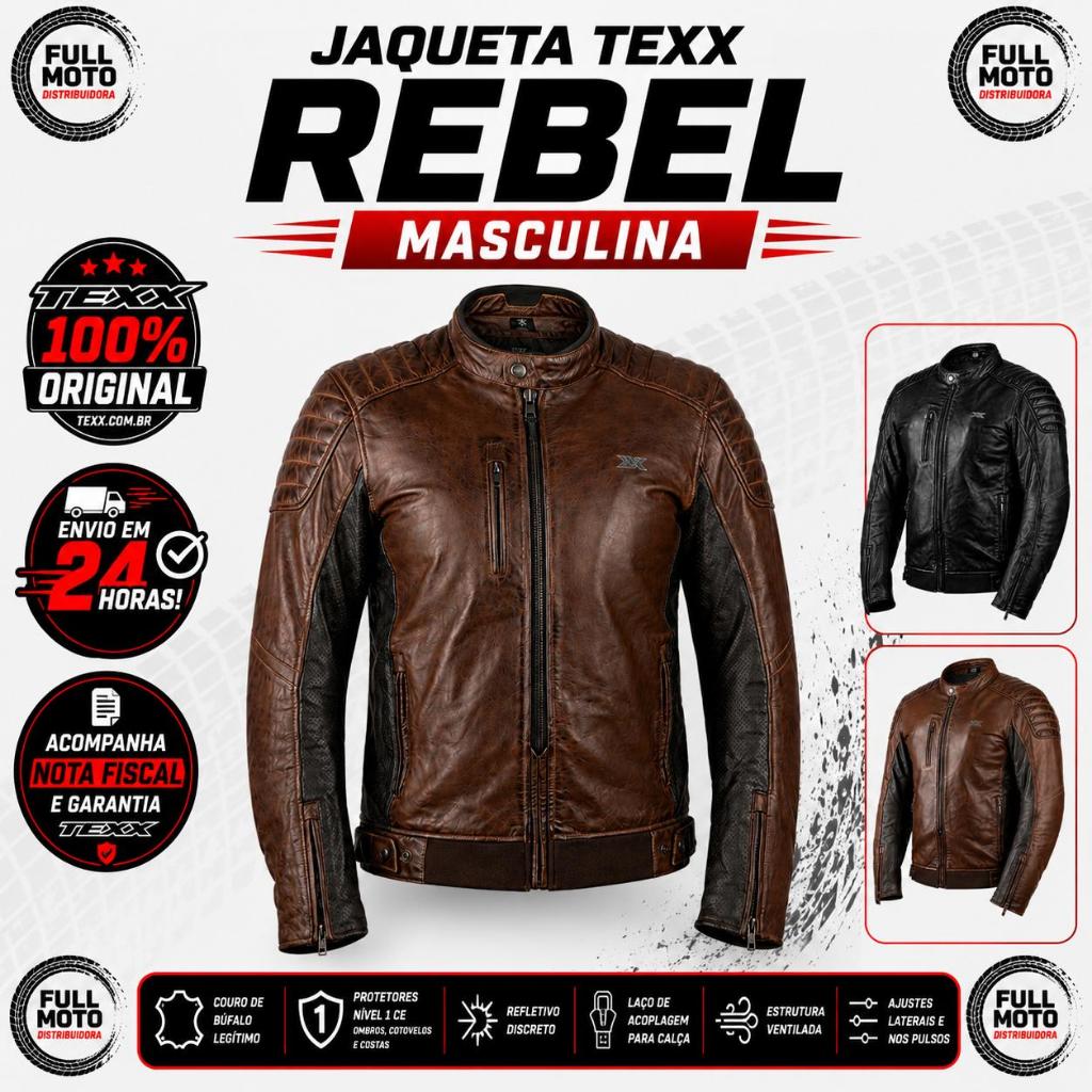 JAQUETA TEXX REBEL MASCULINO COURO MOTO MOTOCICLISTA PREMIUM