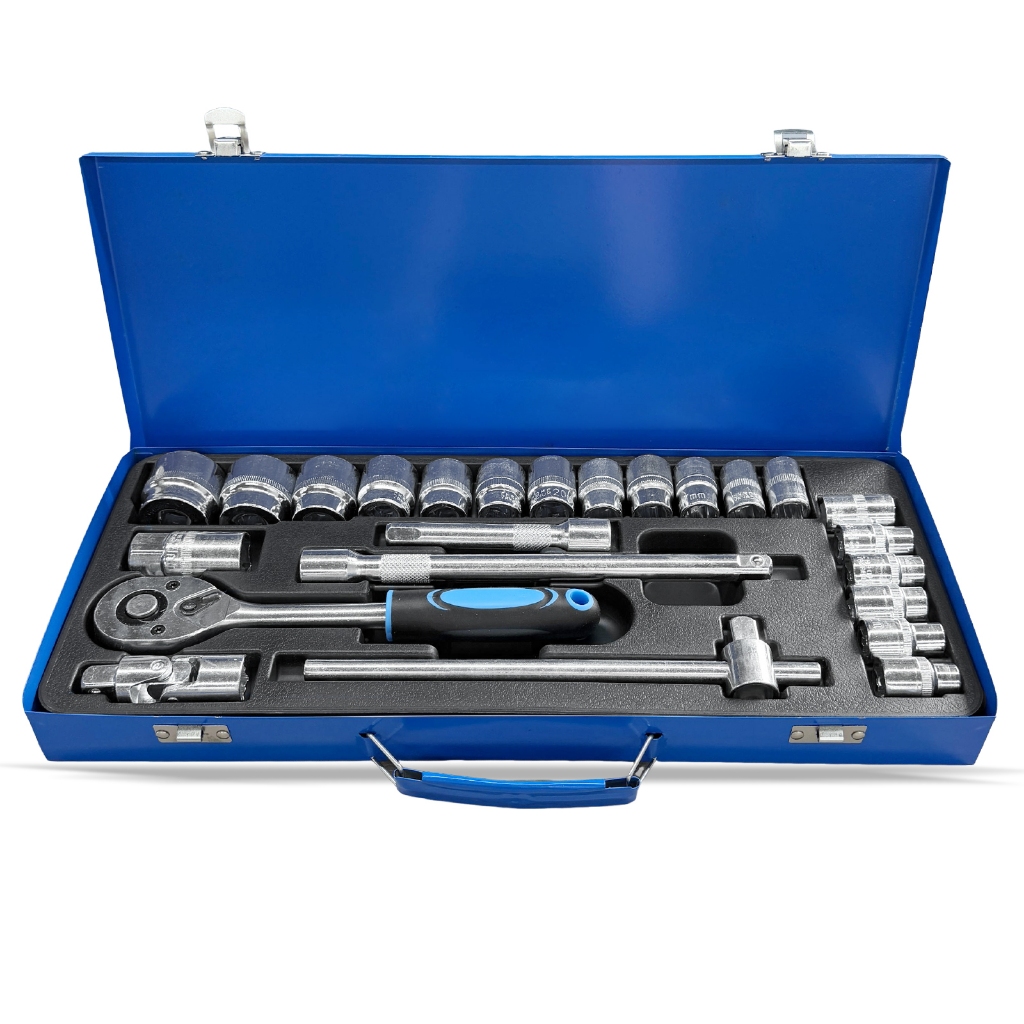 Conjunto de Soquete 24 Peças Chave Catraca 1/2" Aço CR-V Maleta Metálica Ferramenta Mecânica Automotivo