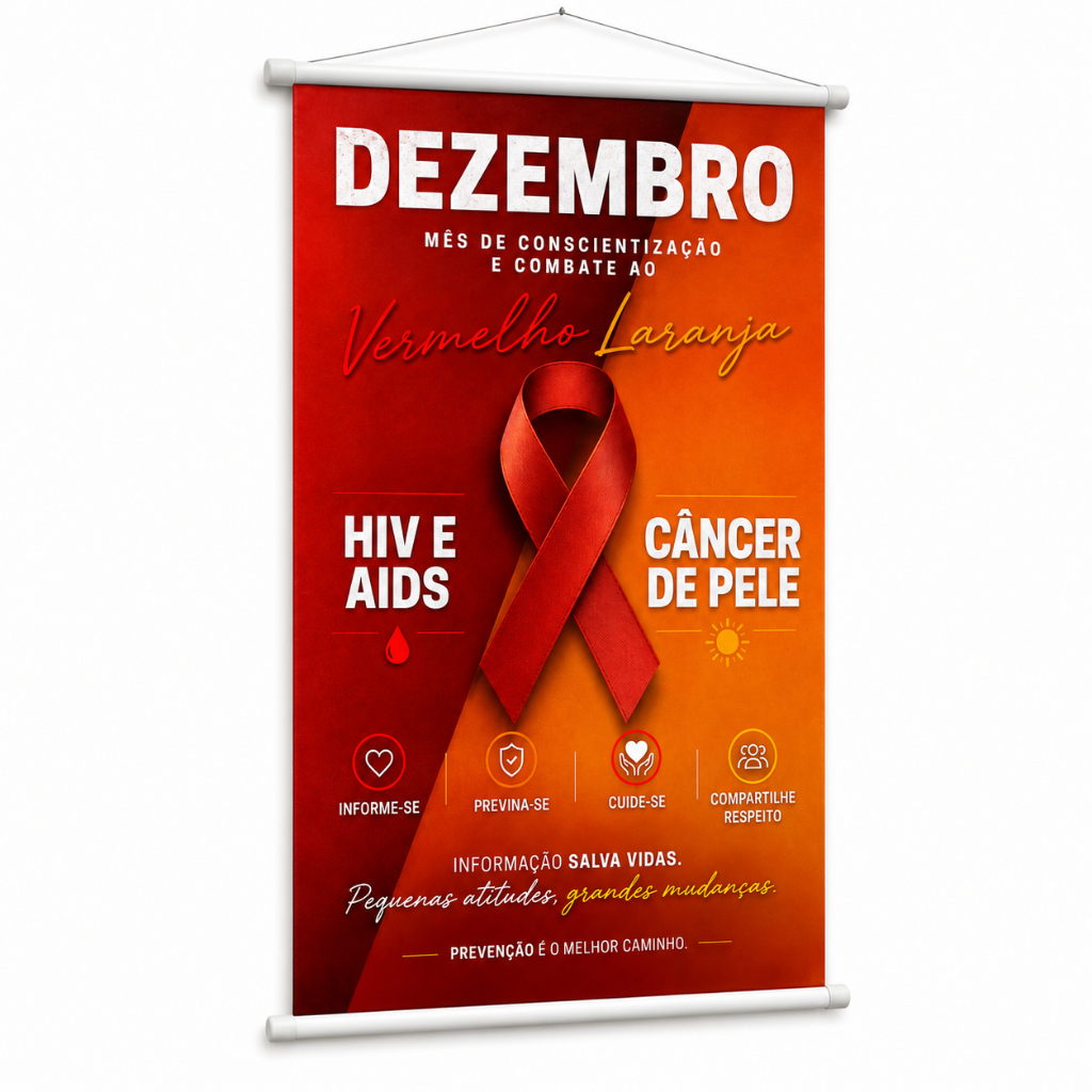 Banner Dezembro Vermelho Laranja HIV AIDS Câncer De Pele produzido em lona. Cartaz Decoração Clinica Hospital Pub1056