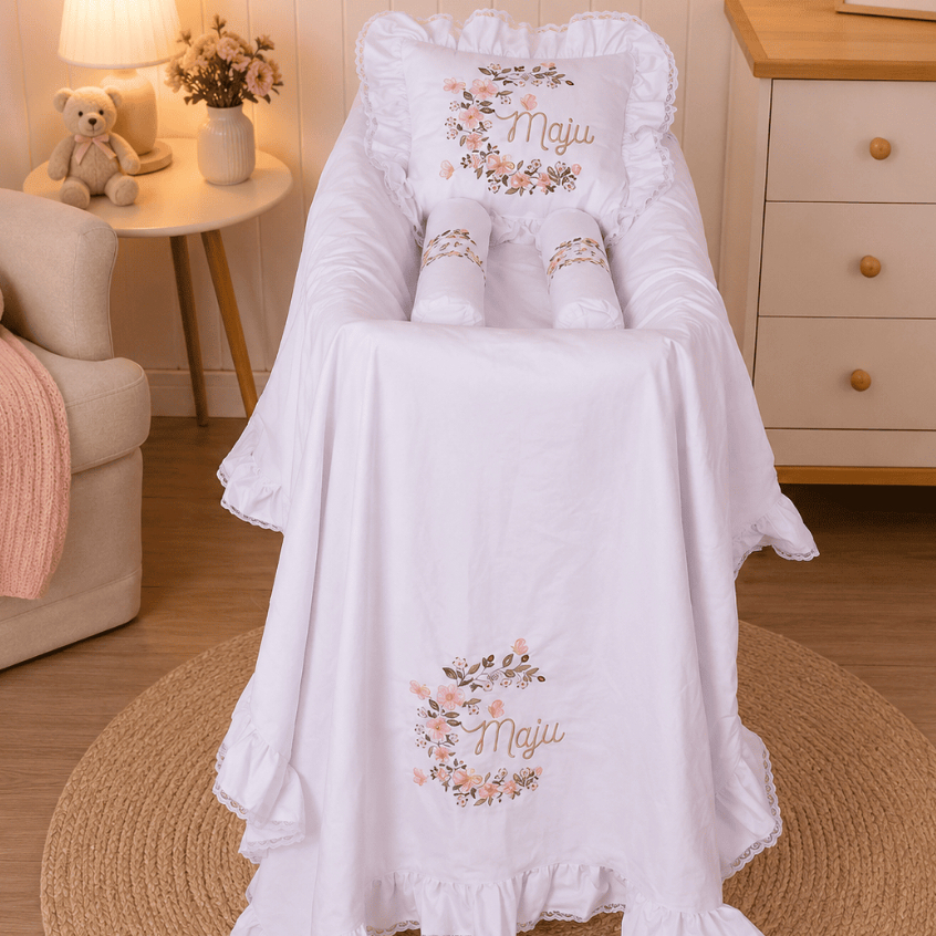 Kit Leito Maternidade Algodão Personalizado Cecília Branco - 03 Peças.