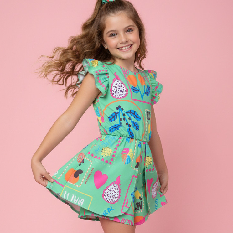 Macacão Curto Menina Infantil Short Saia Curto Manga Curta Babado
