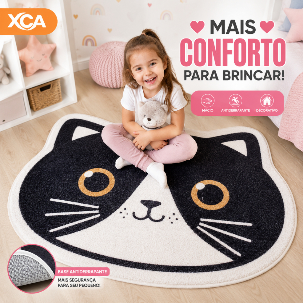 Tapete Estampado Fofo Gatinhos e Ursinho 60x40cm Decoração Para Ambiente Interno