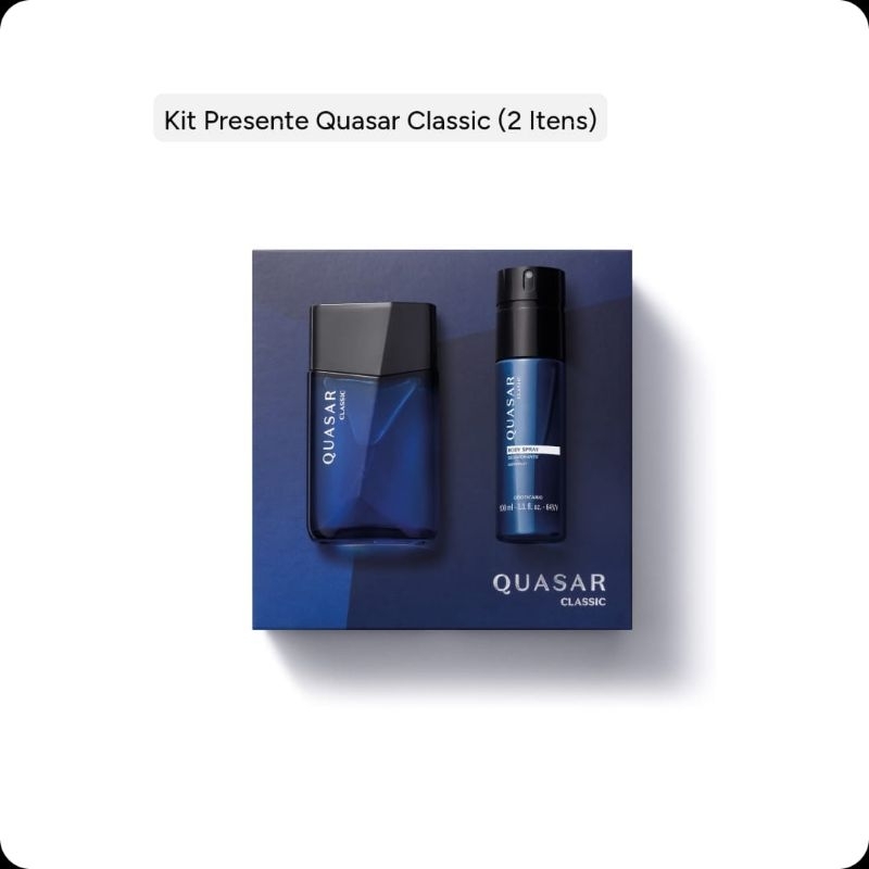 kit Presente Quasar Clássico ( 2 itens): Contém 01 Quasar Classic Desodorante Colônia 100ml + 01 Body Spray 100ml.