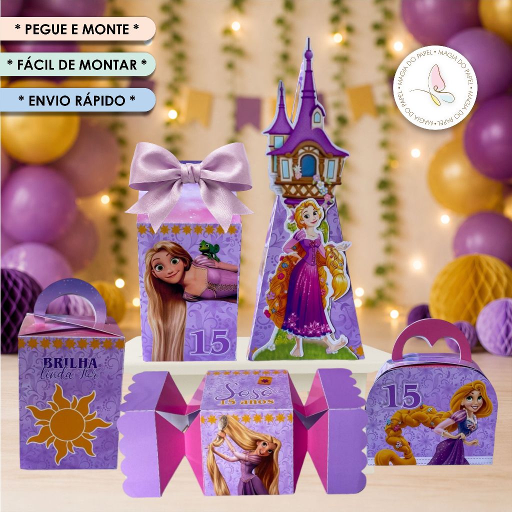 KIT PEGUE E MONTE | Lembrancinhas | Caixinhas | Enrolados | Rapunzel | Nome e Idade | Princesa