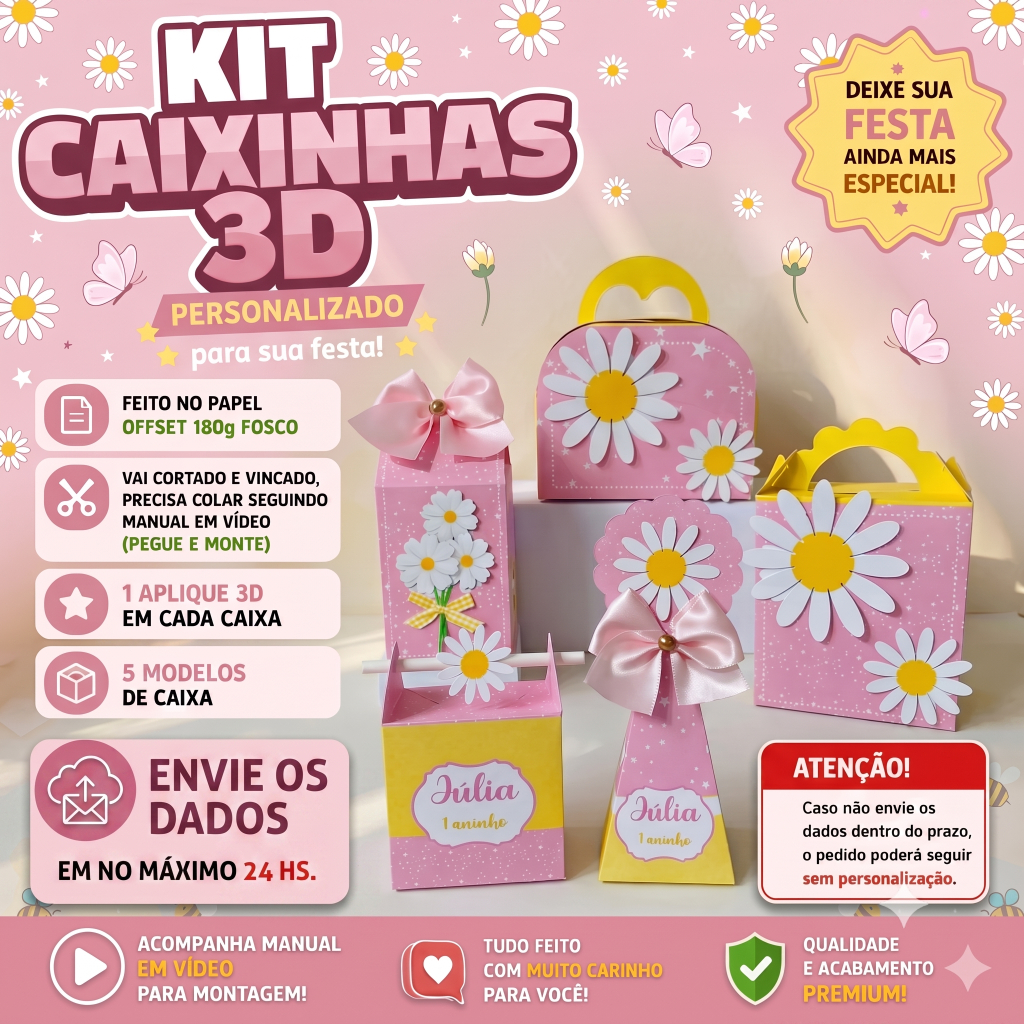 KIT FESTA  MARGARIDA ROSA - PEGUE E MONTE -CAIXINHAS PERSONALIZADAS -LEMBRANCINHAS PARA ANIVERSÁRIO