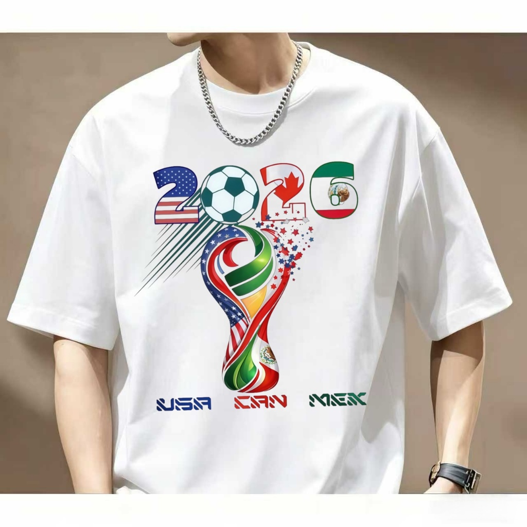 Camiseta Temática 2026 Comemorativa EUA Canadá México, Presente de Futebol, Estampa Gráfica do Troféu da COPA DO MUNDO